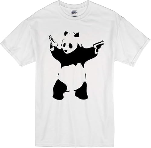 Banksy Panda with Pistols Urban Art Graffiti Hipster Bear Mens Cotton T-Shirt S-5XL(White,5XL)