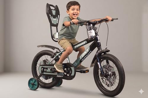 Image of TONY RAW Kids Bicycle14T inch Sports Cycle for 3 to 5 Years Baby Boys & Girls with Side Training Wheels & Back Rest Seat /Water Bottle SEMI-Assembled (Green)