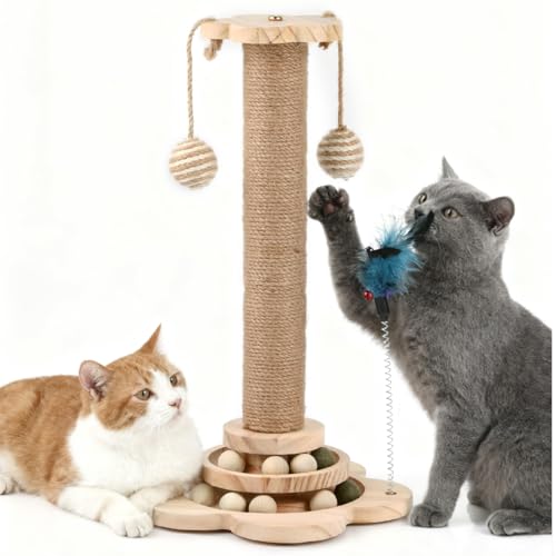 DODUOS 4 IN 1 Large Cat Scratching Post with Flower-Shaped Base, Natural Sisal Cat Tree with Interactive Track Ball Toys, Solid WoodCat Towers for Indoor Cats, CatScratcher Post-45cm Funny Cats Post