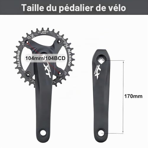 kefeimumu Pédalier de vélo en Alliage d'aluminium carré Conique pour 8/9/10/11 Vitesses, pédalier de vélo de Montagne, Bras 170 mm, 104 BCD 32/34/36/38/40/42T (pédalier de vélo 38T) – vue 4