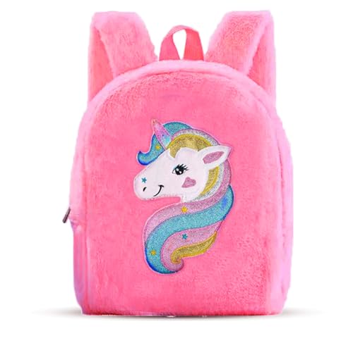 Image of Frantic Cartoon Design Animal Soft Velvet Plush 1 Compartment School Backpack Bag For 2 To 5 Years Boys Girls Nursery Preschool Picnic Carry Travelling Bags(HotPink Unicorn Fur)