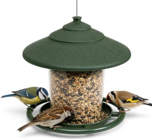Vogelfutterhaus zum Aufhängen, grüner Vogelfutterspender mit Drehverschluss, Futterstation für Wildvögel mit transparentem Behälter für Garten Balkon Terrasse