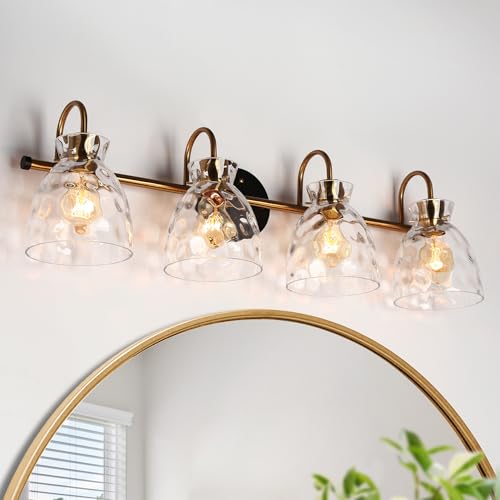 Image of KSANA Bathroom Vanity Lights, Mid-Century Modern 4 Light Bathroom Light Fixtures Black and Electroplated Copper Vanity Lights with Water Ripple Glass