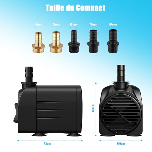 Lnicez Pompe à Eau Submersible 25W, 2000 L/H Pompe à Eau Ultra Silencieuse Pompe de Bassin Submersible pour Bassin, Fontaine de Jardin Aquarium avec 5 Buses 1.5M Tuyau Flexible Transparent – vue 6