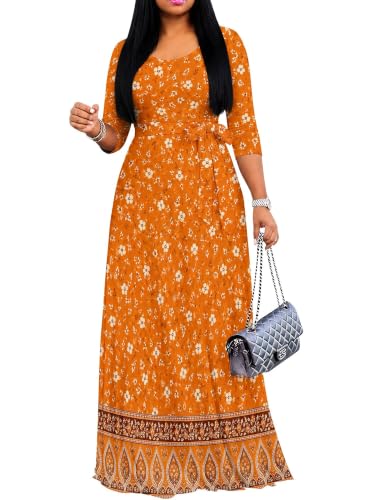 Image of PinkPatty Women's Plus Size Maxi Dresses Casual Flowy 3 /4 Sleeves Dress Printed Vacation Dress for Daily Wear with Belt