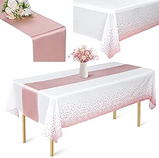 Tablecloth Table Runner Set Disposable Rose Gold Tablecloths Waterproof Table Cover 54 x 108 Inch and Satin Table Runner 12 x 108 Inch for Wedding Birthday Anniversary Party Table Decorations