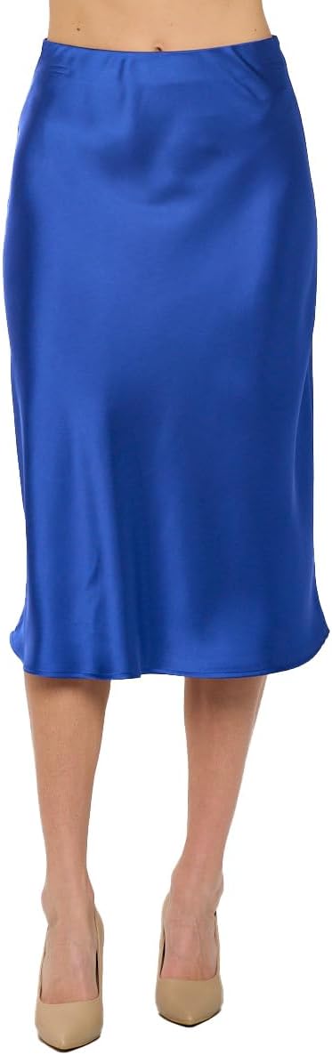 Size S Women Solid High Waist Silky Casual Elastic Satin Midi Skirt -Made in USA (Available in Plus Size)