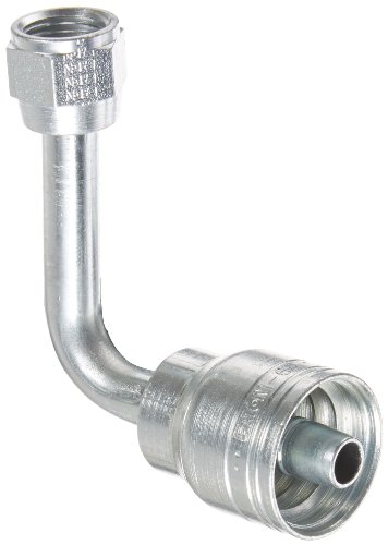 Image of Aeroquip 1AA6FJC6 Carbon Steel Global TTC (Thru the Cover) Crimp Hose Fitting Female JIC Swivel, 90 Degree Long Drop Elbow, 3 /8 inch Hose ID, 9 /16 inch - 18 Thread