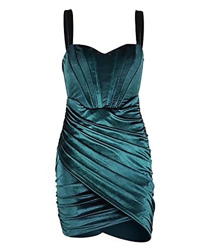 Sexyshine Women's Sexy Sleeveless Backless Bodycon Dress Chic Velvet Ruched Pleated Elegant Mini Club Party Dress(Gr,L) #TOP4