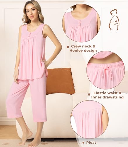 Image of NACHILA Pajamas for Women-Viscose Made from Bamboo, Sleeveless Pjs Top and Capri Pants Pajama Set Cool Pleated Sleepwear