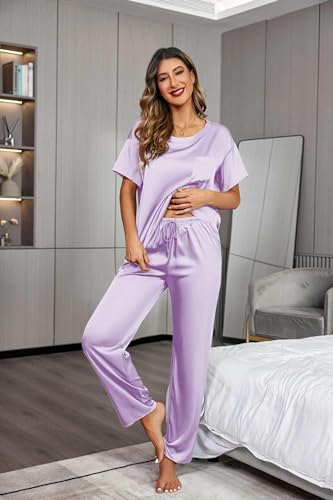 Image of Ekouaer Womens Satin Silky Pajama Set Short Sleeve Shirt with Long Pajama Pant Set Soft PJ Loungewear