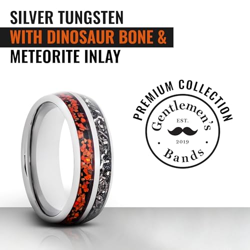 Gentlemen's Bands Premium Silver Tungsten Wedding Band with Dinosaur Bone & Meteorite Inlay | Wedding Ring Is Ideal Gift | Package Includes Silicon Band, Walnut Ring Box, Leather Pouch2