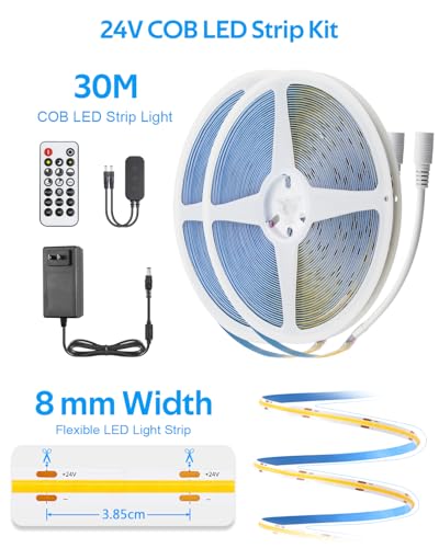 Image of Aclorol COB LED Strip Lights 100FT 3000K 24V Dimmable Warm White LED Light Strip with Remote and App Control Flexible Tape Light for Bedroom Shelf Cabine Closets Garages Kitchen (2Rolls of 50FT)