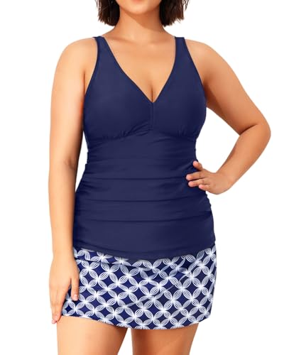 Daci Women Plus Size Tummy Control Tankini with Skirt Two Piece Bathing Suits V Neck Swimsuits