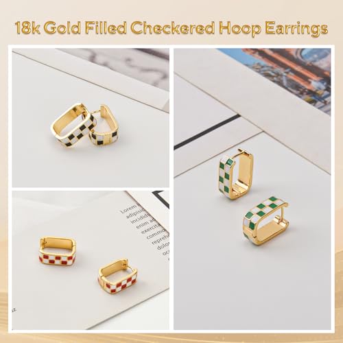 18K Gold Filled Dainty Checkered Hoop Earrings for Women, Stylish Enamel Checked Pattern Huggie Earrings, Gold Statement Earrings，Multicolor Hypoallergenic Jewelry,Birthday Gifts for Her3