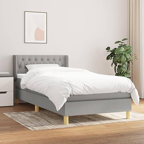 YunCangg Cama con somier de color gris claro de 100 x 200 cm, con funda de tela, cabecero ajustable, colchón con núcleo de muelles ensacados, cubrecolchón, marco de cama macizo para un sueño reparador