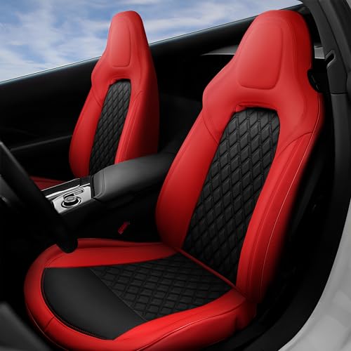 Image of GIANT PANDA Front Car Seat Covers Customized Fit 2014 2015 2016 2017 2018 2019 Chevy Chevrolet Corvette C7 Standard Seats, Leather, Black&Red