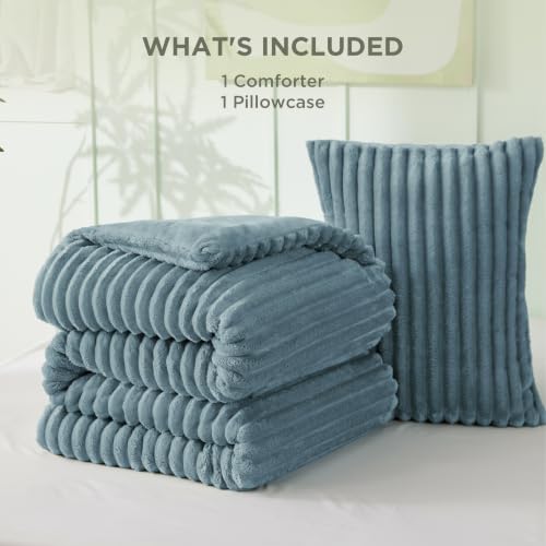 Image of Bedsure Twin /Twin XL Fluffy Comforter Set - GentleSoft 2 Pieces Luxury Fleece Mineral Blue Bedding, Cozy Room Decor Aesthetic, 1 Twin /Twin XL Bed Comforter (68 inchx88 inch) and 1 Pillowcases (20 inchx26 inch)