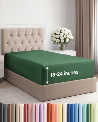 Image of Deep Twin XL Fitted Sheet - College Dorm Room Essentials - Emerald Green | Easily Fits 18 inch to 24 inch Mattress, Wrinkle Resistant, Soft, Breathable & Comfy, Extra Deep Pockets Fitted Sheet