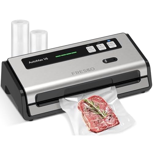 FRESKO Food Vacuum Sealer with Automatic Bag Detection, Double Heat Seal, Built-in Bag Roll Storage & Cutter, 2 Rolls Bags, Starter Kit Stainless Steel Cutter + 2 Rolls Bags