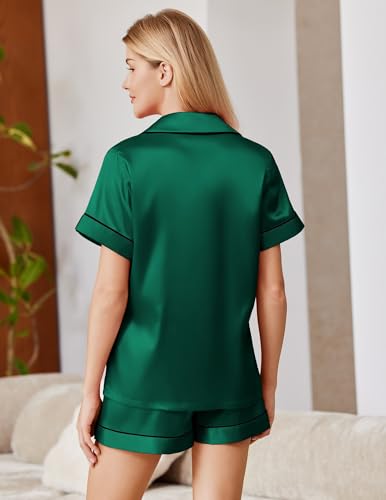 Image of Ekouaer Satin Pajamas for Women Silk Pjs Short Set 2 Piece Lounge Sets | Short Sleeve Button Up Sleepwear,Notch Collar,Sleep,Bridal,Maternity,Postpartum,Wedding Party,Daily,Working from Home,Gifts