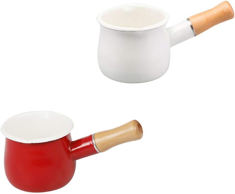Enamel Milk Pan, Mini Butter Warmer 10cm Enamelware Saucepan Pan Cookware with Wooden Handle Perfect Size ofr Heating (Color : Red) (White)