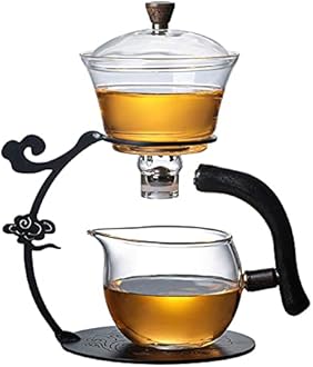 RORAGlass Teapot Set Semi Automatic Drip Rotating with Infuser Lazy Kungfu Tea pot Set (Black)