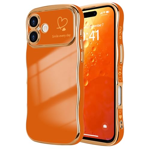 LCHULLE for iPhone 17 Case for Women Girls Cute Wave Frame Curly Shape with Love Heart Pattern Raised Camera Protection Cover Luxury Plating Shockproof Phone Case for iPhone 17 Orange