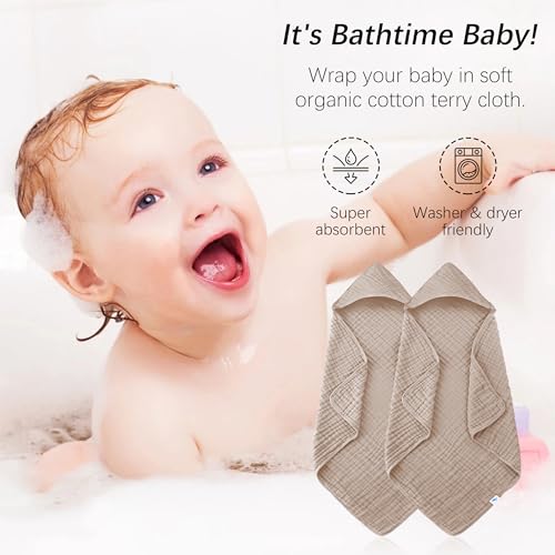 Image of SWEET DOLPHIN Muslin Hooded Baby Bath Towels - 2 Pack 100% Cotton Towel for Babies, Infants, Toddlers - 32x32Inch - Highly Absorbent and Newborn Essential, Brown