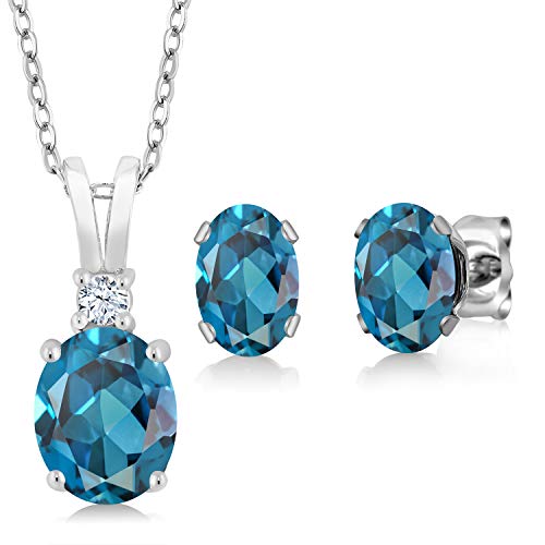 Gem Stone King London Blue Topaz 925 Sterling Silver Gemstone Birthstone Pendant Earrings Set 3.15 Cttw Oval with 18 Inch Silver Chain