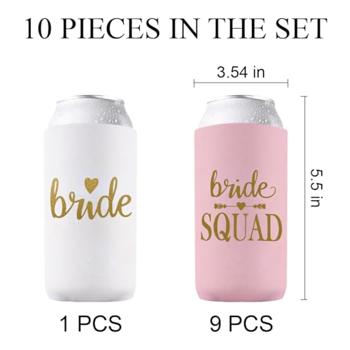 Image of PartyGifts&Beyond Bridesmaid Gifts Can Cooler 10Packs Bachelorette Party Decorations Slim Can Cooler Bride Squad Can Sleeves(Pink)