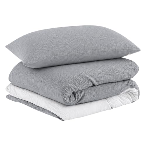 Image of EMME Cotton Muslin Duvet Cover Set Twin Size Linen Like Soft Breathable Lightweight Summer Comforter Cover Set with Zipper Closure (Light Grey&White, Twin, 68 inchx90 inch)