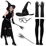 [Yi-gog] 魔女 コスプレ 5点セット 帽子 手袋 メガネ ほうき 靴下 ハロウィン コスプレ 悪魔 大人用 仮装 ハロウィン 文化祭 仮装大会 パーティー衣装