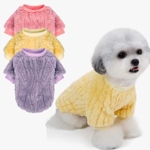 Image of FabriCastle Dog Sweater, 3-Pack Dog Clothes & Coat, Pet Jacket for Small or Medium Dogs Boy or Girl, Soft and Warm Cat Sweaters Doggy Apparel Costumes Christmas (Lavender,Pink,Butter yellow, XX-Small)