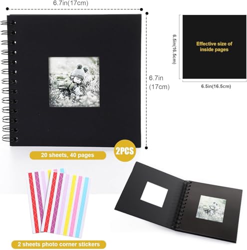 Álbum de recortes para fotos, paquete de 2 unidades, BetterJonny, cuadrado negro de 6 pulgadas con espiral y pegamento para esquinas, ideal para niños, adultos, bebés, manualidades, viajes, aventuras y parejas miniatura 7