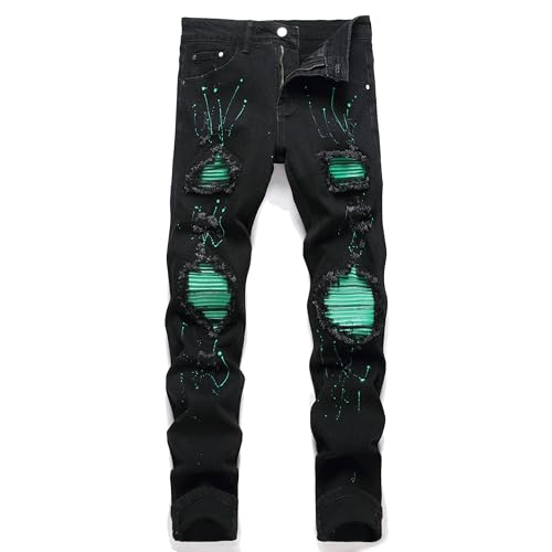 Men's Ripped Patch Elastic Jeans Fashion Slim Fit Regular Denim Pants