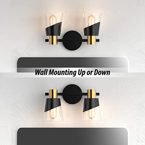 URSOLA Bathroom Light Fixtures Over Mirror 13 inch Vintage Vanity Lighting Fixtures Black and Gold Design with Bevelled Edge and Clear Glass Shade Wall Lamp (2 Lights)