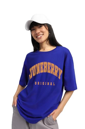 Image of JUNEBERRY Pure Cotton Oversized Drop Shoulder Brand Logo Typography Print Round-Neck Baggy Fit T-Shirt for Women (Available in Navy, Green & Pink Colors)