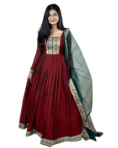 Image of Elegant Vichitra Silk Gown with Jacquard Zari Border - Includes Soft Net Dupatta with Lace Trim - Parrty Wear Ethnic Dress for Women & Girls