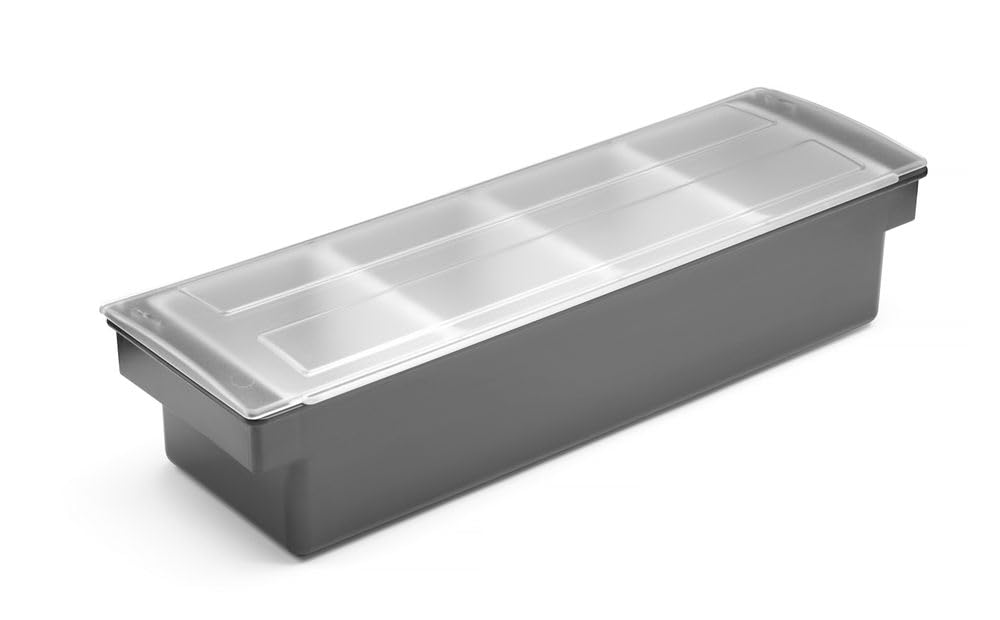 HENDI Portacondimentos de Bar, Bandeja de Guarniciones para Cócteles BarUp, Caja Organizadora con Tapa Transparente, 4 Contenedores de Polipropileno, 480x150x(H) 100mm, HIPS, Negro