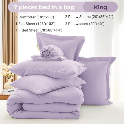 MUXHOMO 7 Pieces King Comforter Set, Soft Bed in a Bag King Size, All Season Bedding Set with Comforter, Flat Sheet, Fitted Sheet, Pillowcases & Shams, Lavender