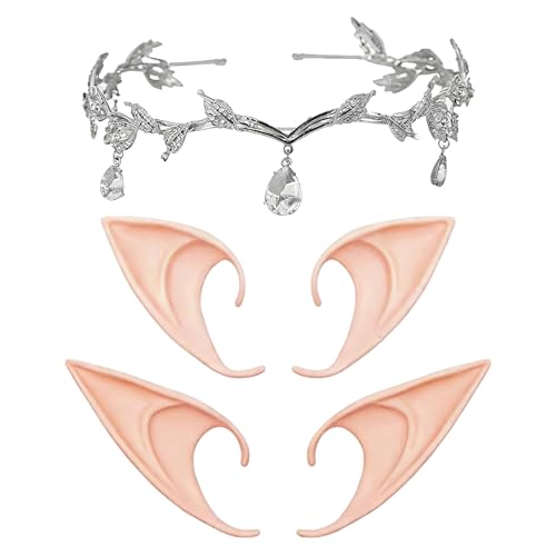 Elf Ears Adult Crown Silver Leaf Crystal Tiara Headpiece Elf Ears Headband with Adjustable Sizes Cosplay Costume Accessories for Festive Events 16 Cm X 18 Cm X 2 Cm and 10 Cm X 5 Cm