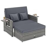 Tangkula Patio Rattan Daybed with 4-Level Adjustable Backrest, Outdoor PE Wicker Loveseat with Storage Ottoman & Folding Side Table, Double Sunbed for Balcony, Backyard & Poolside, Grey