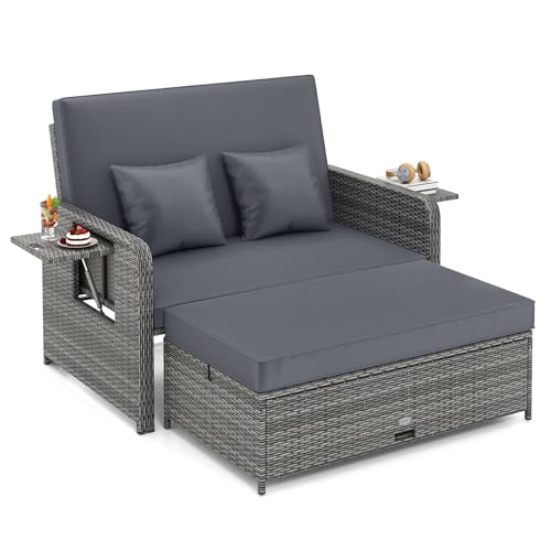 Tangkula Patio Rattan Daybed with 4-Level Adjustable Backrest, Outdoor PE Wicker Loveseat with Storage Ottoman & Folding Side Table, Double Sunbed for Balcony, Backyard & Poolside, Grey