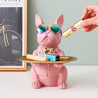 Vinbcorw French bulldog figure with tray stainless steel,Table decoration sculpture decoration, key bowl statue small parts, container, fruit bowl, key candy organizer,Black,G