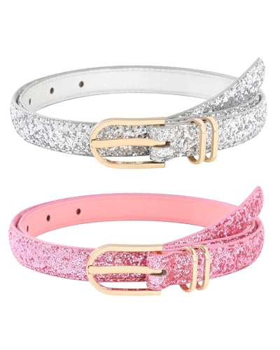 AWAYTR Kids Leather Belts for Girls - 2 Pack Toddler Girls Skinny Leather Belts for Jeans with Gold Buckle