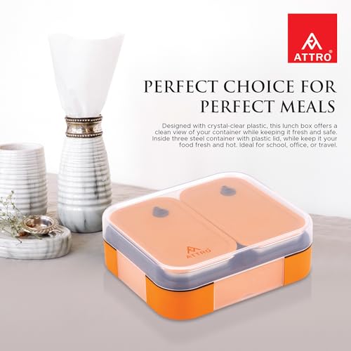 Image of ATTRO Admire 2 Insulated Lunch Box | 2 Removable Stainless Steel Containers with Lids | BPA-Free, Food Grade, Leak-Proof| Ideal for School, Office & Outdoor Use| 800ml, Tangy Orange