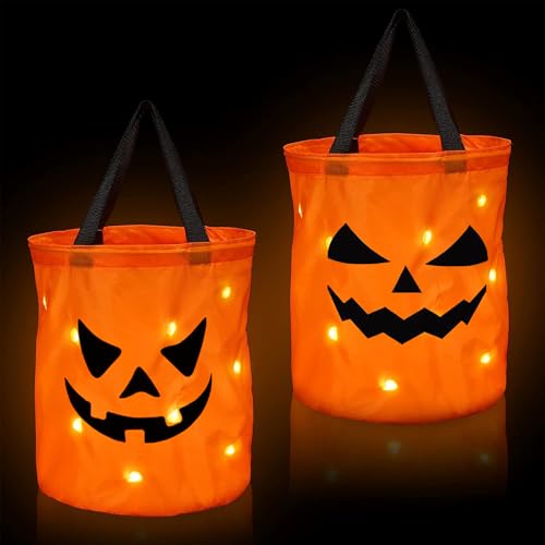 Halloween Light Up Candy Bags 2 PCS Trick or Treat Bags Kids Halloween Candy Bucket Orange Light Up Halloween Party Gift Bags Reusable Goody Candy Bucket for Kids Halloween Party Supplies Gift Bags