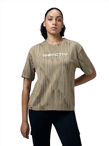 Image of TECHNOSPORT Women's Relaxed Fit Abstract Print Jacquard Crew Neck Half Sleeve T-Shirt for Gym, Sports & Regular Use
