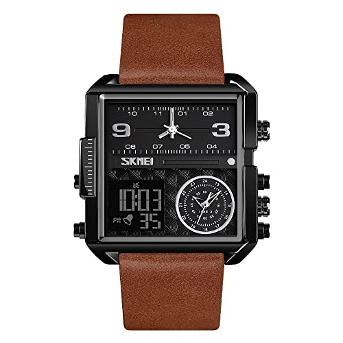 SKMEI Watches for Men, Square Men's Wrist Watches, LED Backlight Large Screen Multi-Time Zone Men's Watch, Waterproof Analog Men's Digital Sports Watch